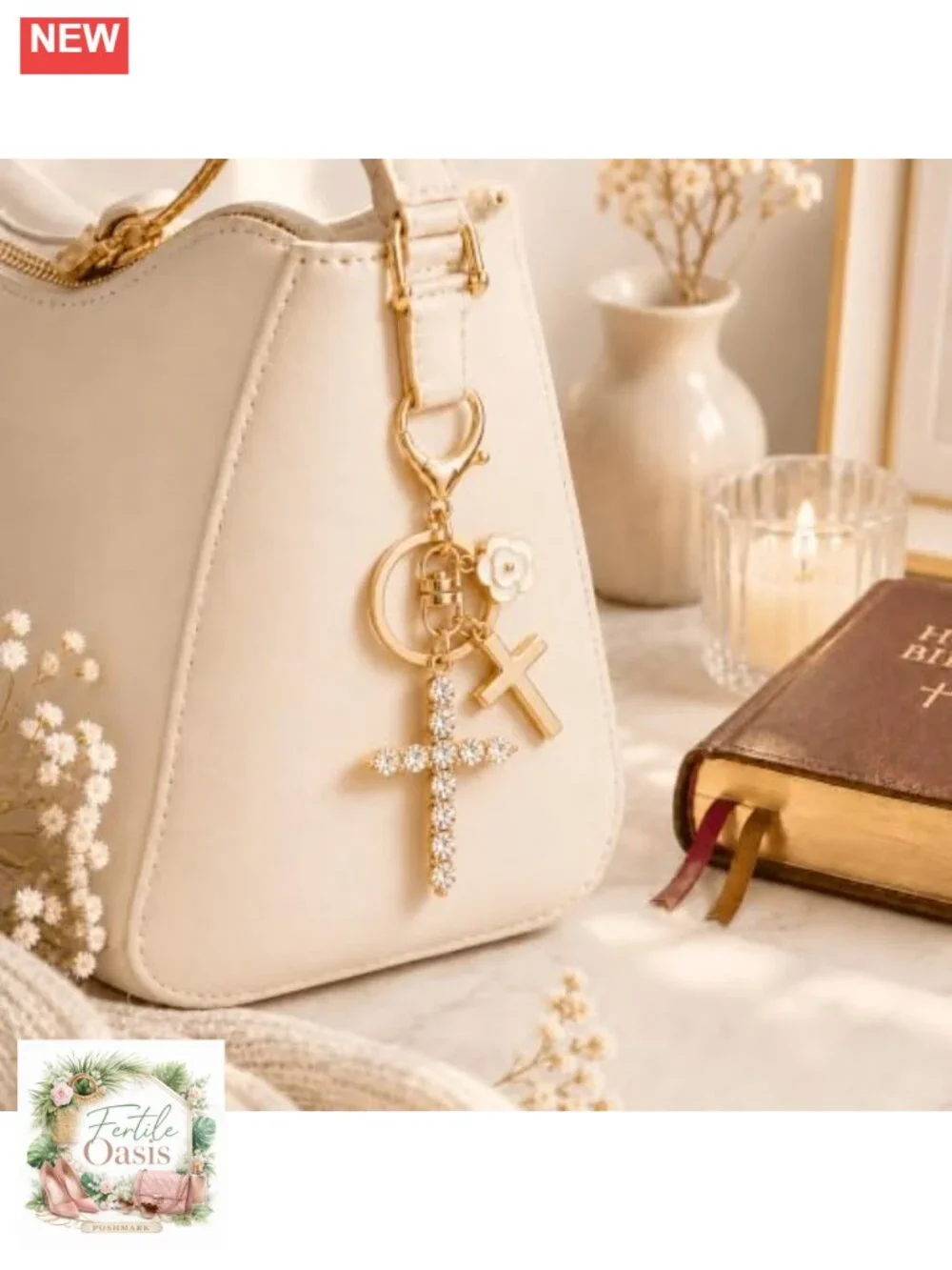 Double Cross Rhinestone Keychain Bag Charm Women Christian Purse Charm